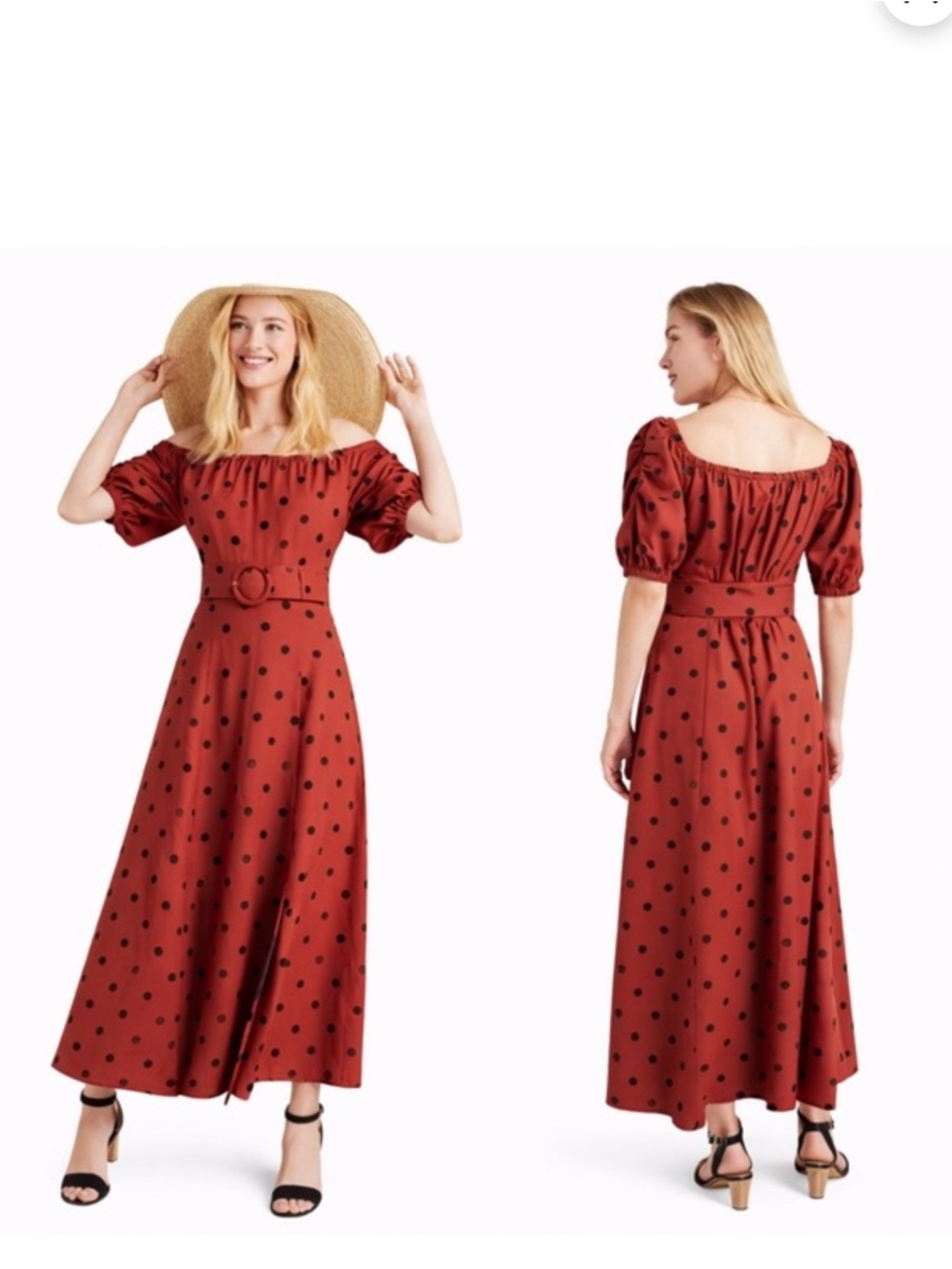 Maeve Rust Maxi Dress with Black Polka Dots and Puff Sleeves